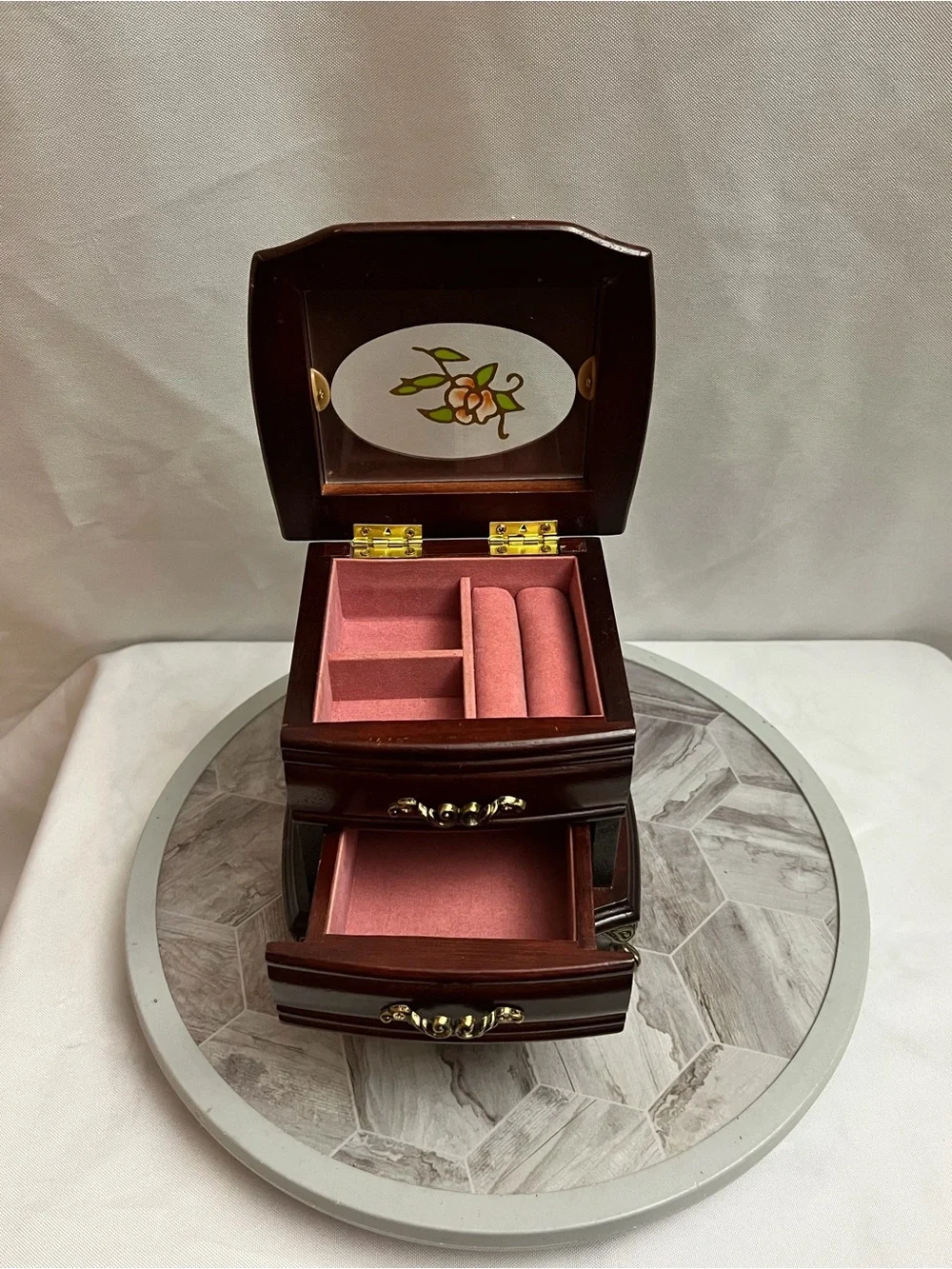 Vintage Style Wooden Jewelry Box 2 Drawer Floral Glass Top Brass Tone Feet